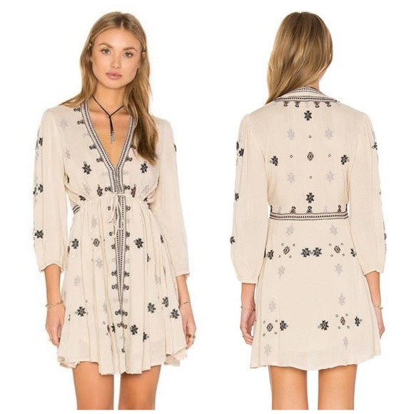 Free People Star Gazer Stargazer Embroidered Peasant Mini Dress in ivory size xs - Picture 3 of 8